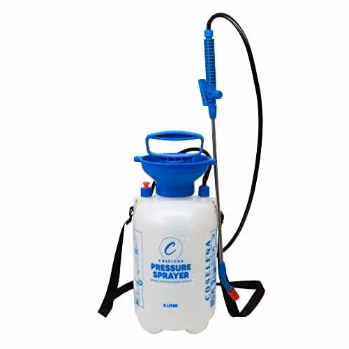 Coselena 5L Manual High-Pressure Garden Sprayer in White and Blue with Adjustable Nozzle and Carry Strap