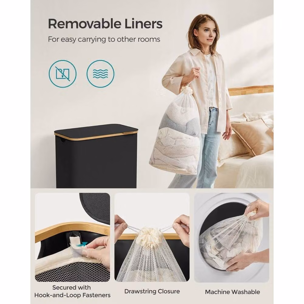 Kelvenix Laundry Basket with Lid and Removable Fabric Bag, Black, W/D/H: 70.5 x 38.5 x 52 cm – 2
