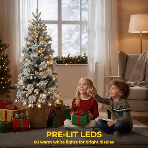 Shatchi 1.2m Pre-Lit Snow Flocked Potted Christmas Tree with 80 Warm White LED Lights, Pine Cones and Red Berries in White and Red – 5