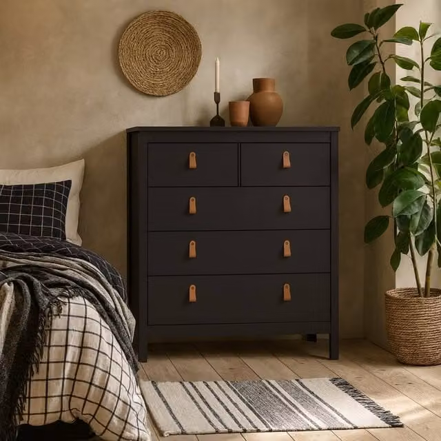 Wyld Haus Wildberry 5 Drawer Chest in Matt Black with Leather Strap Handles, W/D/H: 98.9 x 38.4 x 36.6 cm