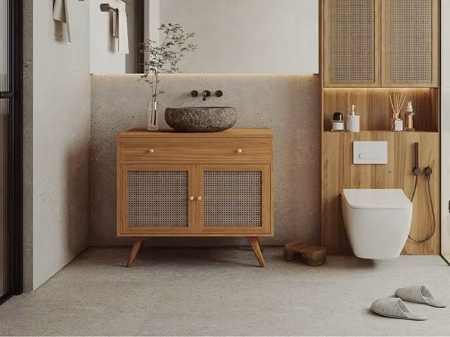 Vente-unique Light Teak and Cane Bathroom Furniture with Stone Basin in Light Oak, W: 90 cm