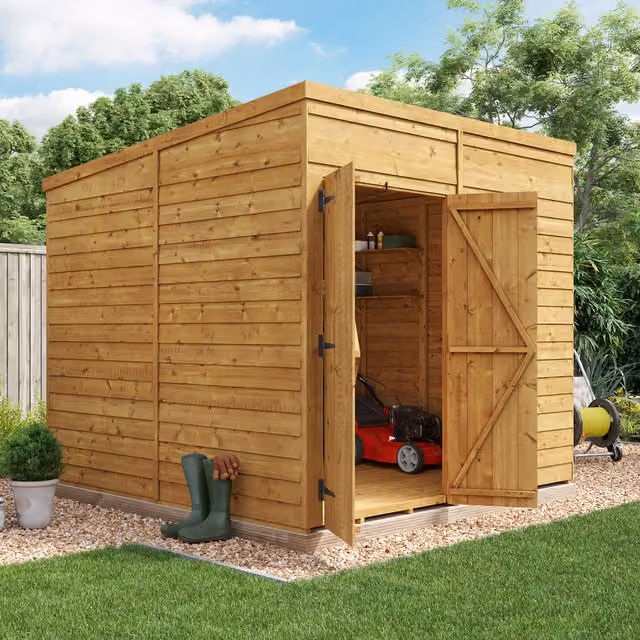 BillyOh Switch Overlap Pent Wooden Garden Shed in Brown with Double Doors and Floor