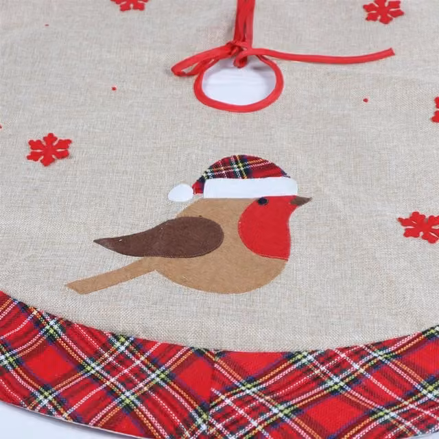Shatchi Christmas Tree Skirt with Red Snowflake Printed Burlap Hessian Linen Pattern