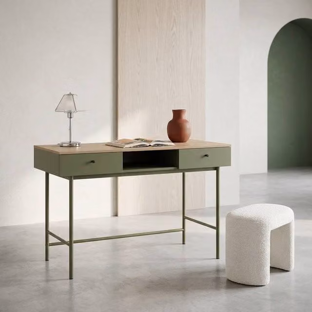 sweeek Modern Writing Desk with 2 Drawers and 1 Compartment in Khaki Wood and Iron