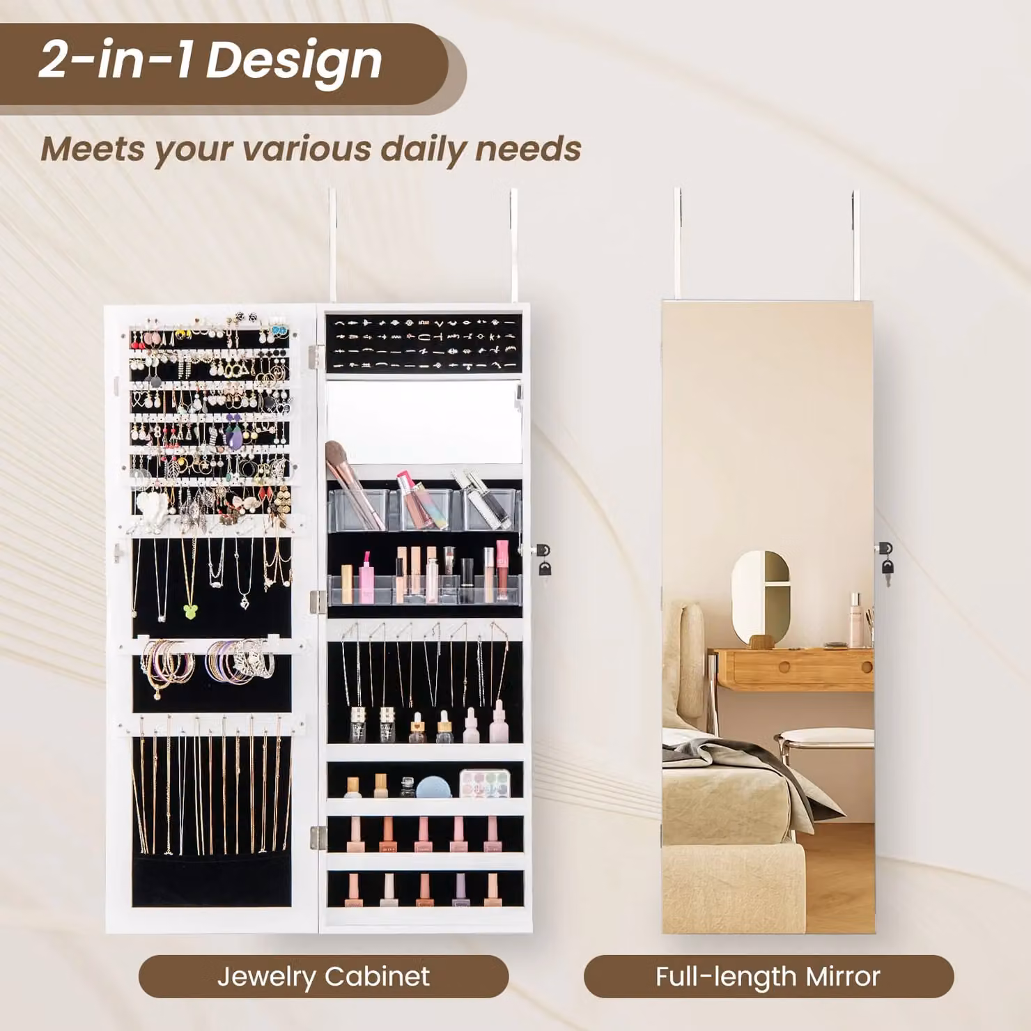 Costway Wall Mounted Jewellery Cabinet with Full Length Mirror and Lock, White – 6