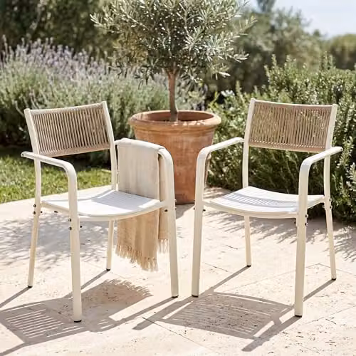 Core Products Sienna Outdoor Dining Chairs Set of 2, Weatherproof Rope-Back Bistro Chairs with Powder Coated Steel Frame in White or Green – 4