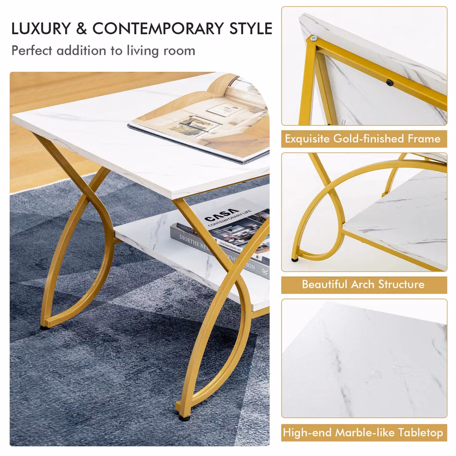 Costway Modern 2-Tier Rectangular Faux Marble Coffee Table in White and Gold – 4