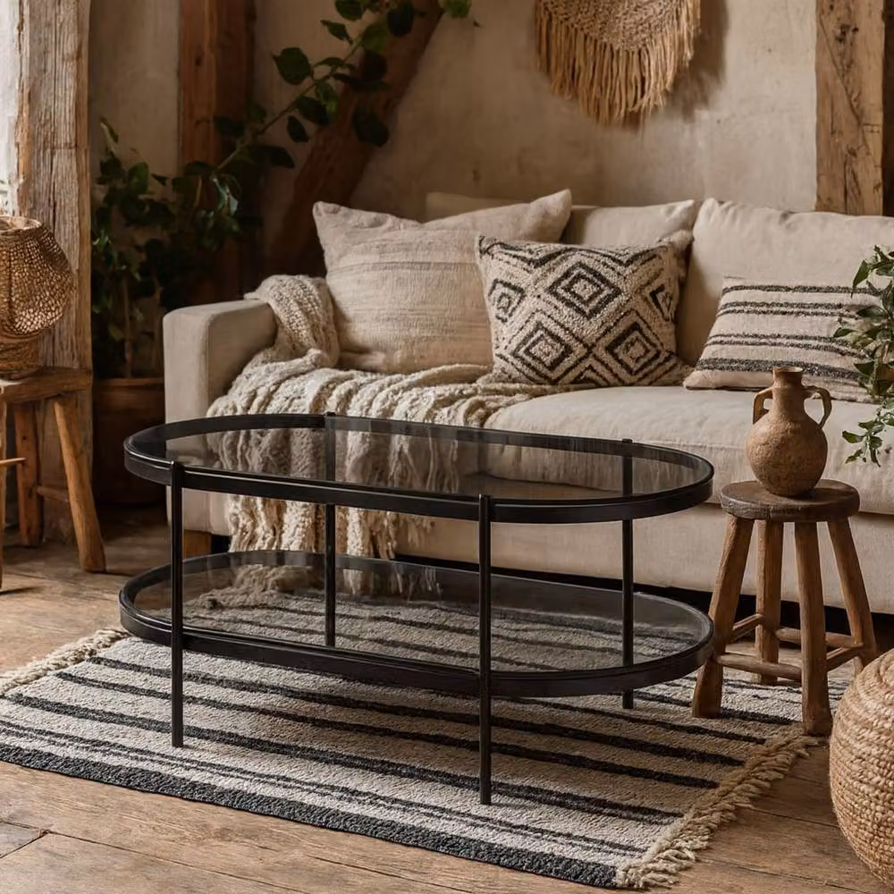 Wyld Haus Featheroak Oval Coffee Table with Grey Smoked Glass and Matt Black Metal Base, W: 126 cm, D: 50 cm, H: 42 cm – 2
