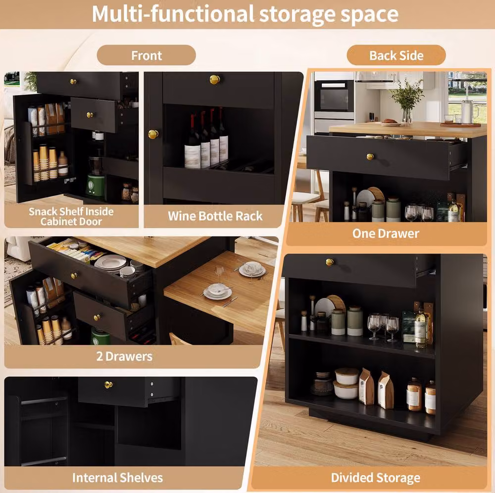 STILVORA Kitchen Island with Extendable Table and Storage in Black – 6