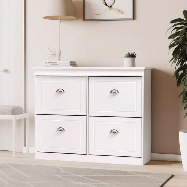 Livingandhome 2-Tier Wall Mounted Modern White Shoe Cabinet with Tilting Compartments