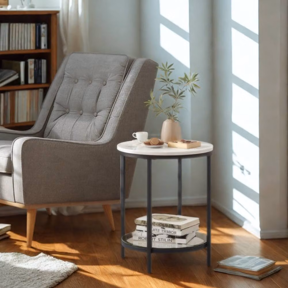 Pirlo Plush 2 Tier Round Faux Marble Accent Coffee Side Table in White, W/D/H: 45 x 45 x 55 cm – 3
