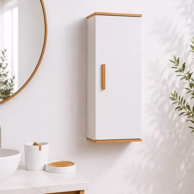 Showerdrape Nola White and Bamboo Wall Mounted Bathroom Cabinet with 2 Piece Accessory Set