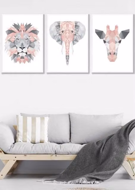 ARTZE Geometric Jungle Animal Heads Framed Wall Art in Pink, Grey and White, W: 53 cm, H: 73 cm, D: 2 cm