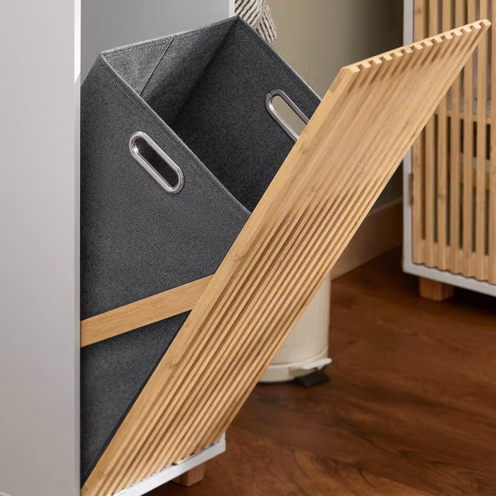 SoBuy Slim White Bathroom Cabinet with Bamboo Slat Front and Laundry Basket – 6