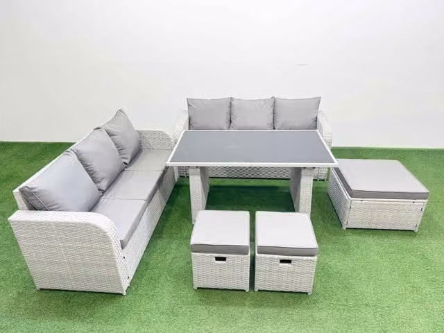 Fimous 9 Seater Rattan Outdoor Dining Set with Glass Top Table and Chairs in Grey