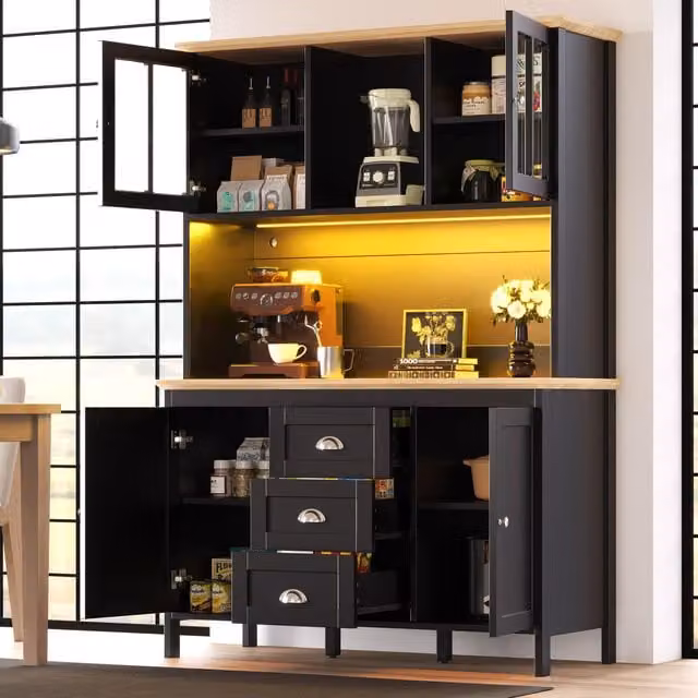 Aosom UK Tall Sideboard with 4 Doors, 3 Drawers and Open Shelf, Modern Black Storage Cabinet for Kitchen and Living Area, W: 120 cm, D: 40 cm, H: 179 cm – 1