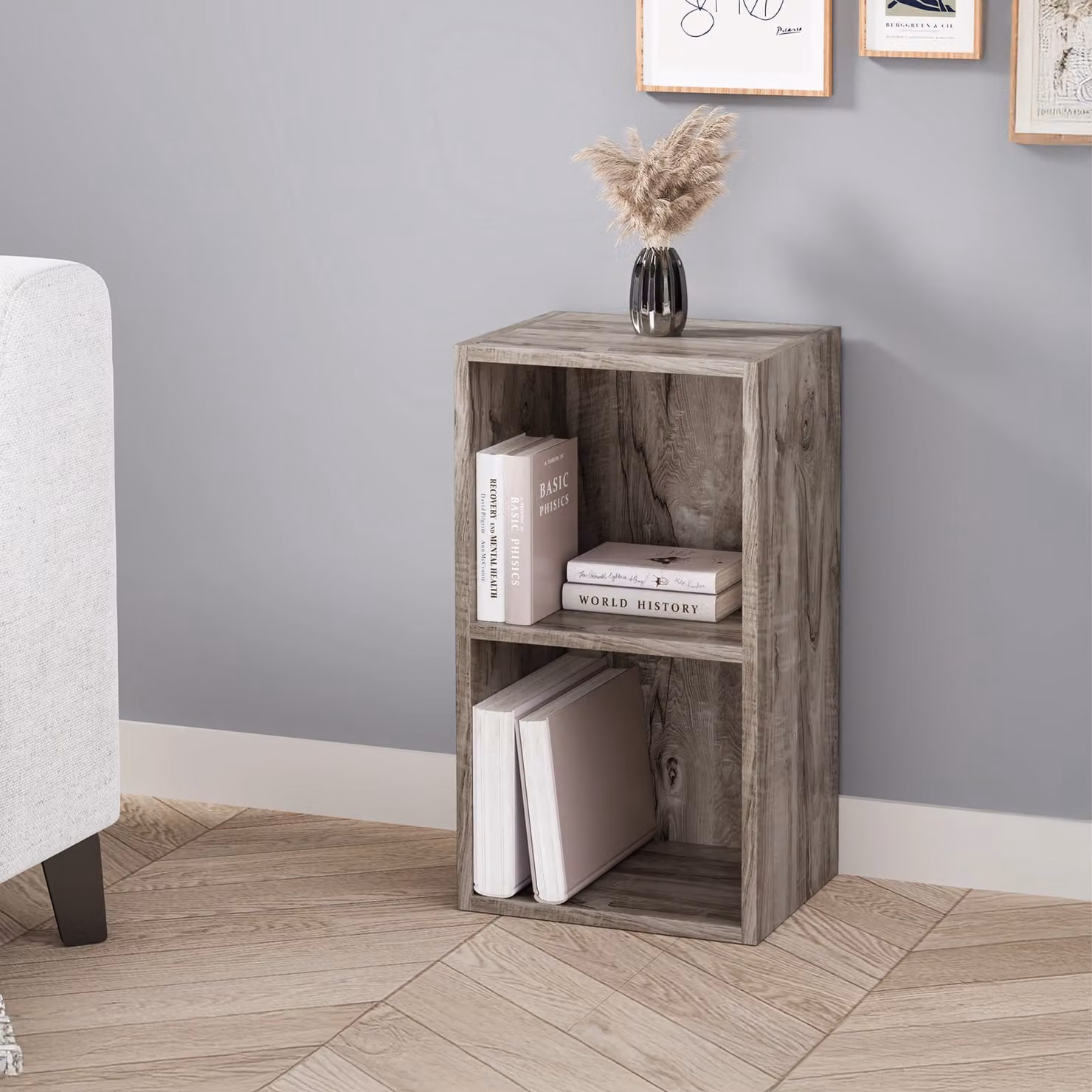 Modern 2-Shelf Cube Storage Unit and Tall Narrow Bookshelf in Coach Wood Finish