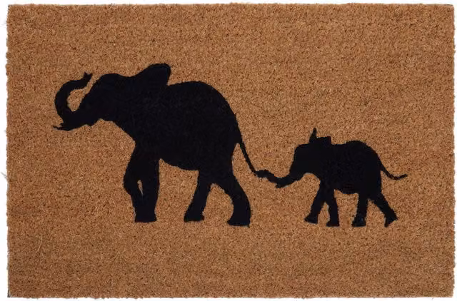 Orsina Elephant and Baby Elephant Round Coir Doormat in Natural and Brown, Diameter: 100 cm – 1