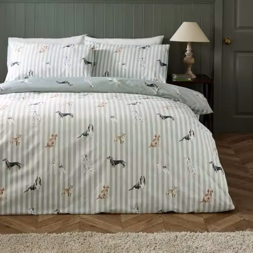 Catherine Lansfield Dog Stripe Reversible Duvet Cover and Pillowcase Set in Green, W/D/H: 180 x 200 cm and 50 x 75 cm