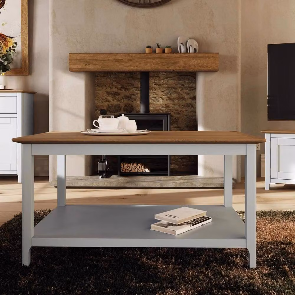 ERGOVEXA Oak Veneer Rectangular Coffee Table with Shelf in Beige and Multicolour – 3