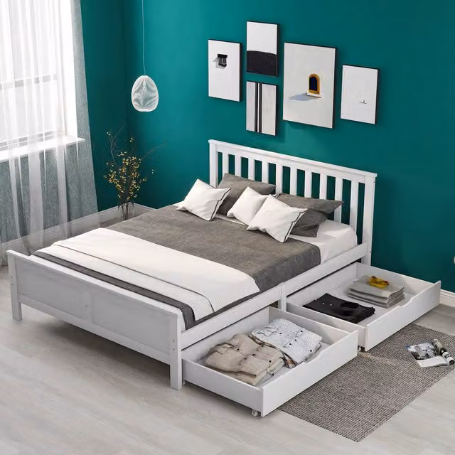 Aosom UK Elegant Solid Pine Double Bed Frame with Storage Drawers and Headboard in White, W/D/H: 196 x 146 x 82 cm