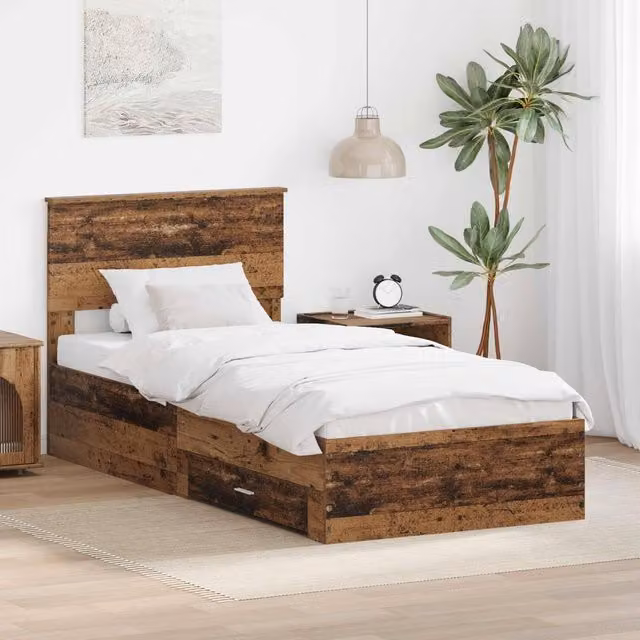 Berkfield Home Bed Frame with Headboard in Old Wood Brown, W/D/H: 90 x 200 cm – 1