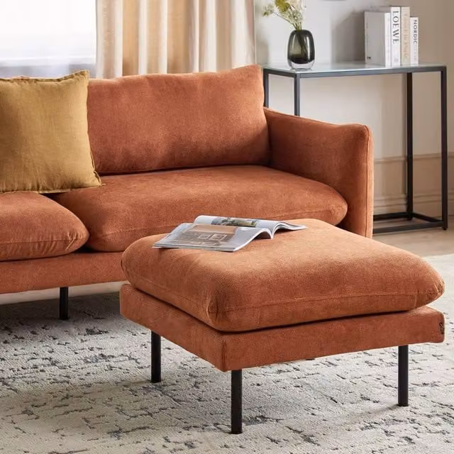 Wyld and Coco Ottoman Footstool in Brown and Orange Chenille with Metal Frame