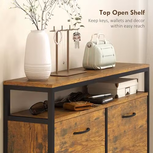 HOMCOM Industrial Shoe Cabinet with Tilting Compartments and Open Shelf, Brown and Black – 3