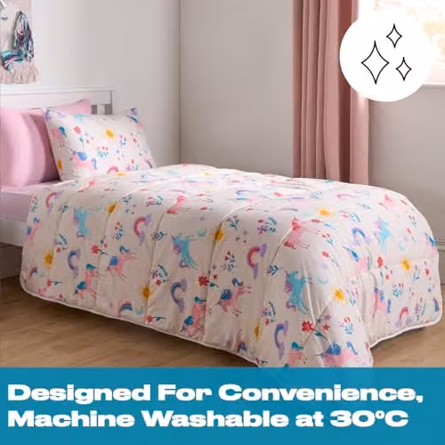 OHS Kids Single Coverless 10.5 Tog Duvet and Pillowcase Set with Pink Unicorn Print, W/D/H: 135 x 200 cm – 2