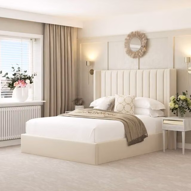 Bed Choices Madison Upholstered Ottoman Bed Frame with Chelsea Mattress in Beige, Super King, W/D/H: 200 x 137.16 x 137.16 cm
