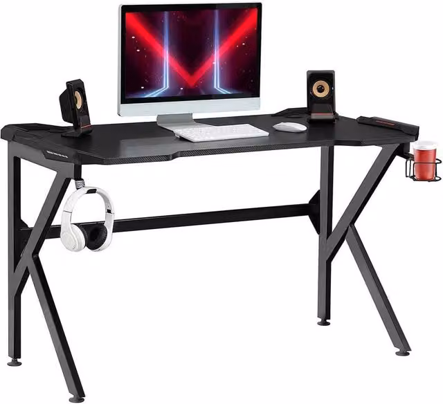FORGEVIO Modern Black Gaming Desk with Matt MDF Laminate Surface and X-Frame Metal Legs – 1