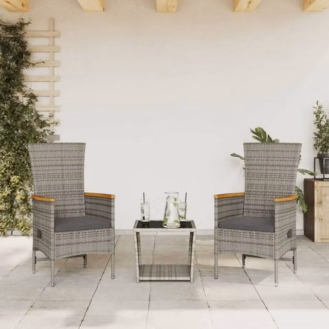 Berkfield Home 3 Piece Grey Poly Rattan Garden Dining Set with Cushions and Glass Table