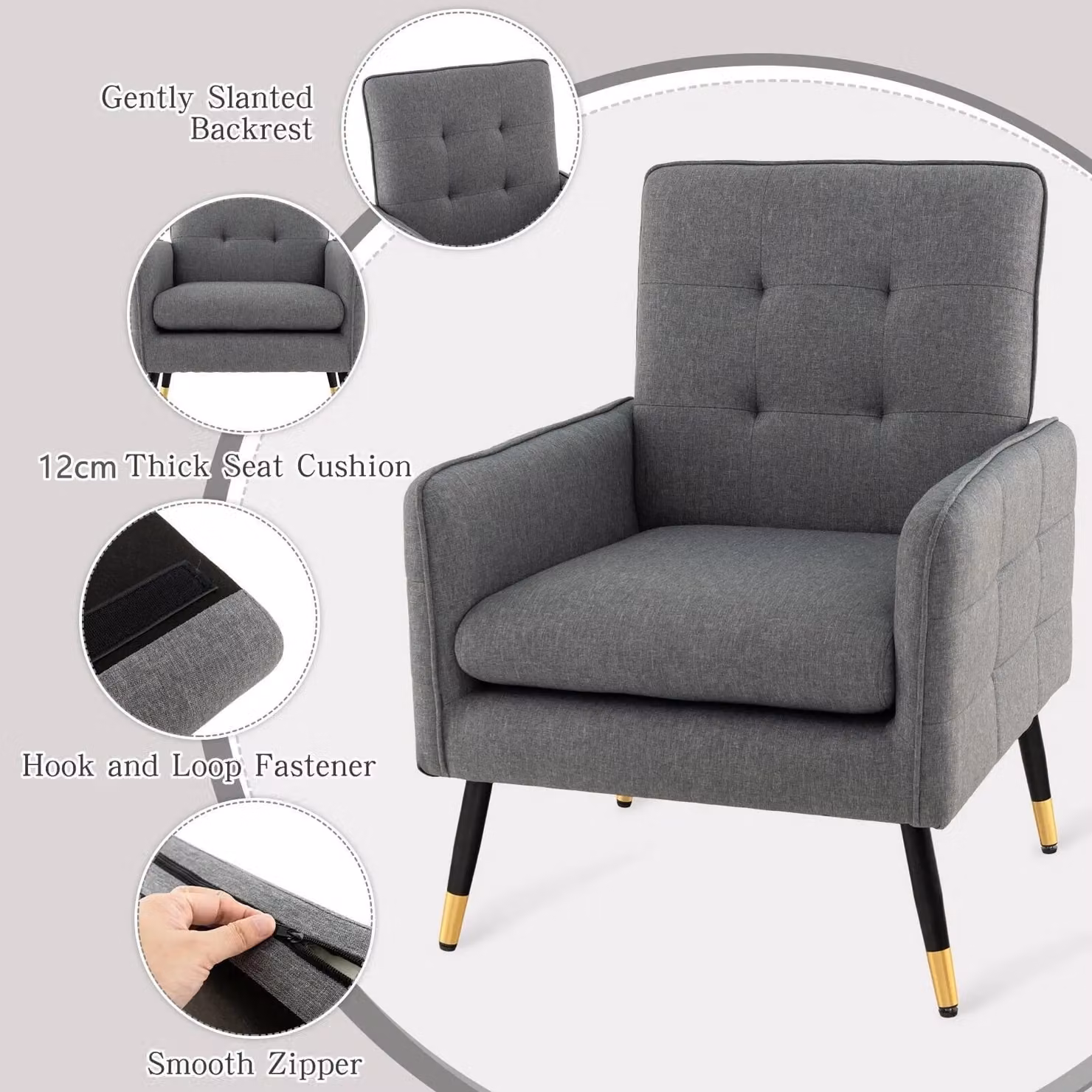 Costway Modern Upholstered Accent Armchair in Grey with Metal Frame – 9