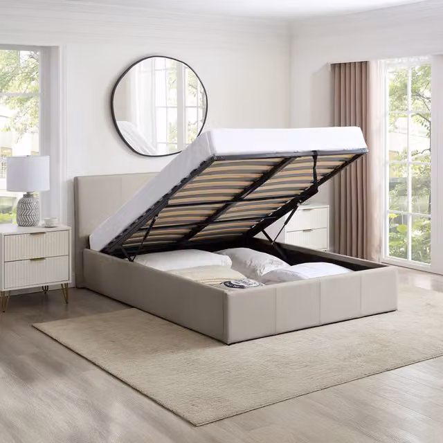 Direct Furniture Suppliers Luna Double Ottoman Bed in Beige Faux Leather with Gas Lift Storage, H: 88.5 cm x W: 153 cm x L: 203 cm
