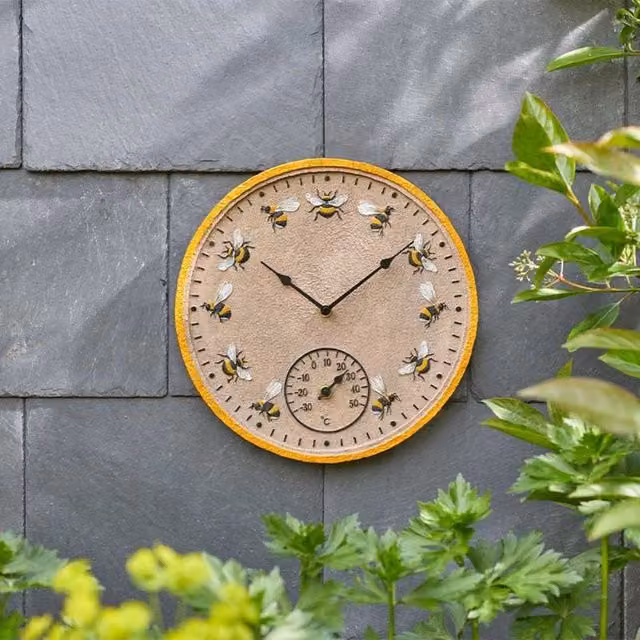 Marco Paul Beez Yellow Outdoor Wall Clock with Thermometer, Diameter: 30.48 cm