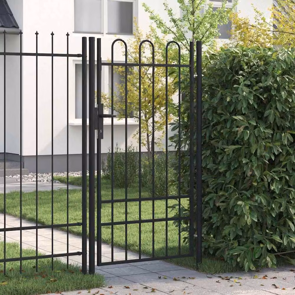 Berkfield Home Single Door Arched Top Steel Fence Gate, Black, W: 1 m, H: 1.75 m – 2