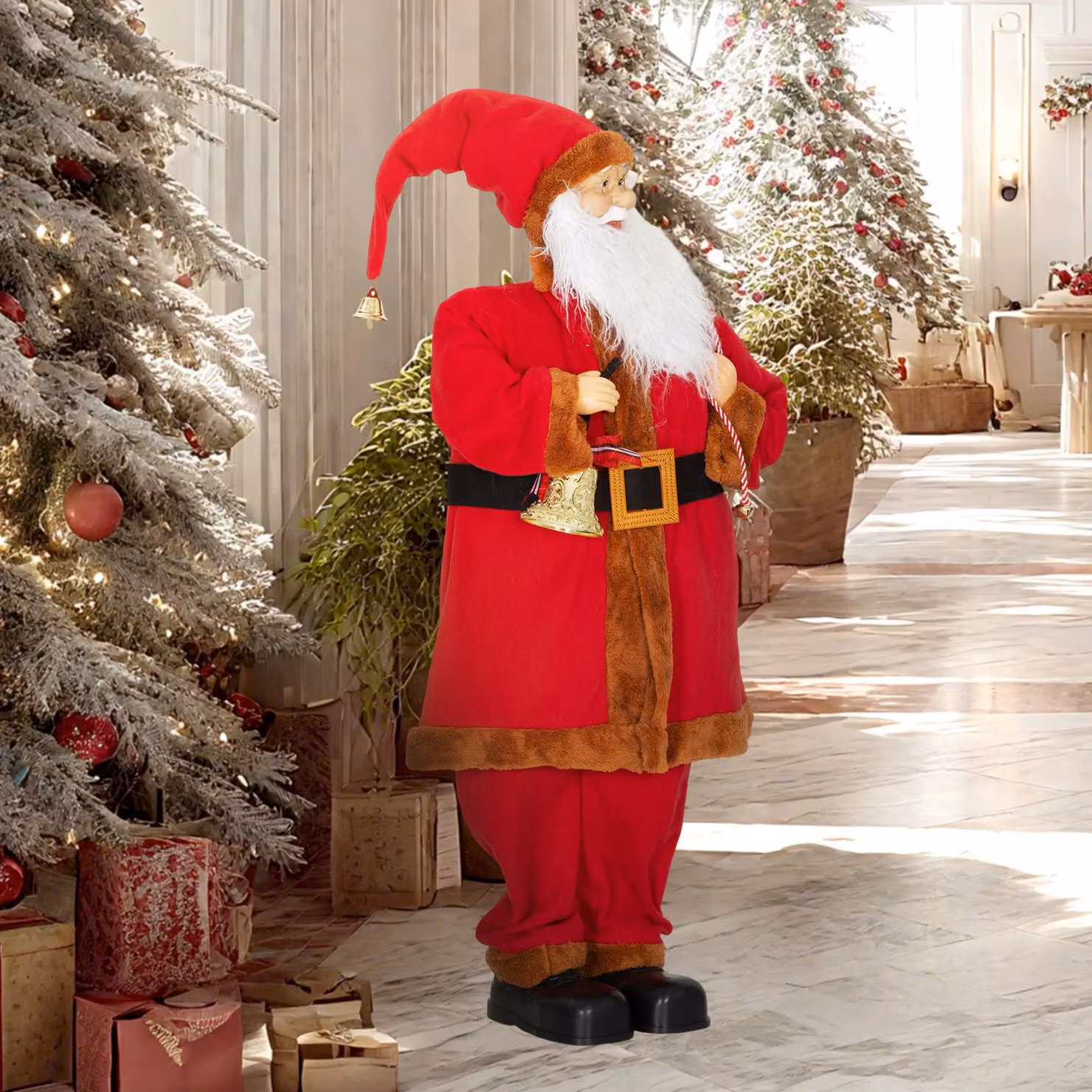 HOMCOM Musical Animated Santa Claus in Red and Gold with Music, Bell and Sack, Height: 120 cm – 9