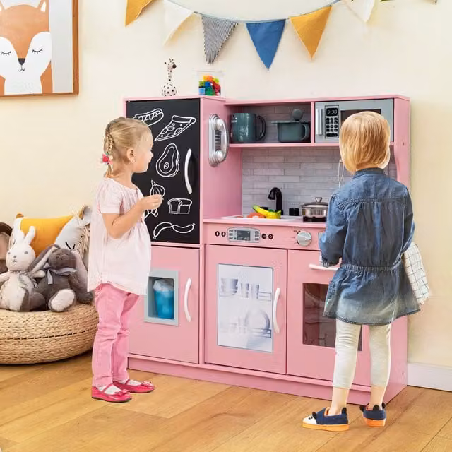 COSTWAY Pink Toddler Pretend Play Kitchen Playset
