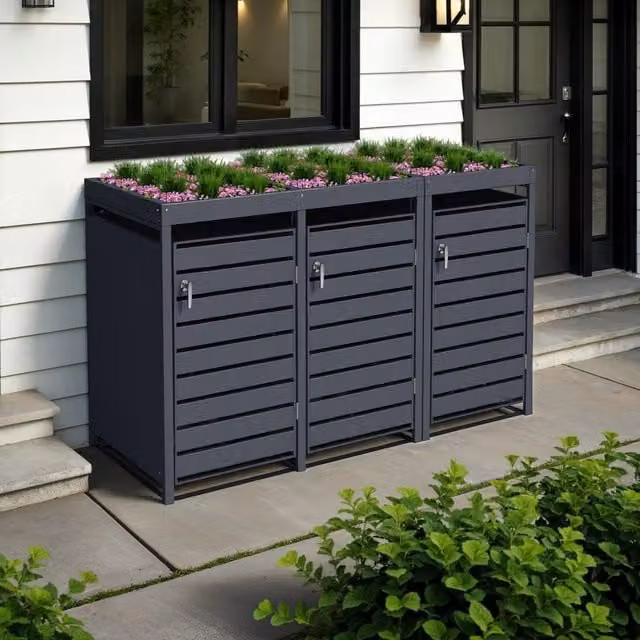The Garden Furniture Centre Triple Anthracite Galvanised Steel Wheelie Bin Storage Cover with Planters