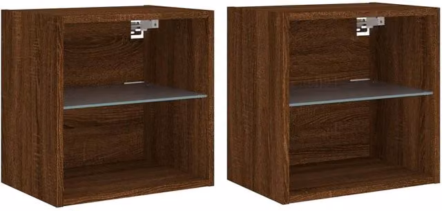 Berkfield Home Set of 2 Wall-Mounted Bedside Cabinets with Integrated LED Lights in Brown Oak