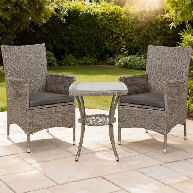 ERGOVEXA 3 Piece Rattan Bistro Set with Washable Cushions in Light Grey