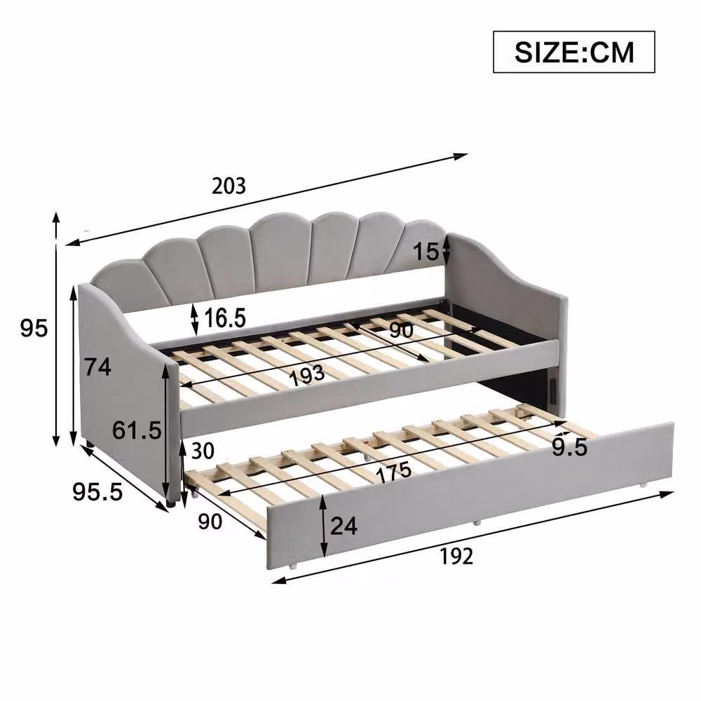 BTM Grey Velvet Upholstered Daybed with Trundle for Adults and Teens, W/D/H: 190 x 90 x 95 cm – 3