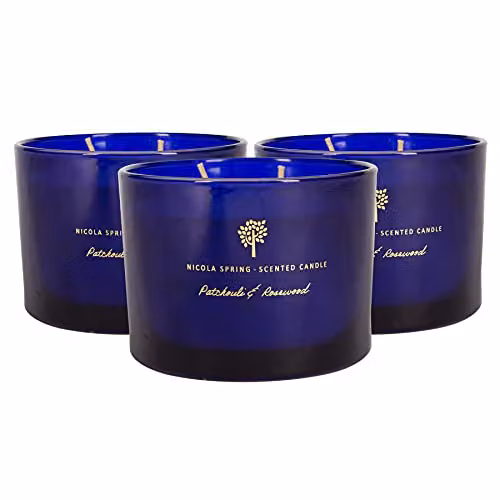 Nicola Spring Patchouli and Rosewood Scented Soy Wax Candles, Pack of 3, Blue – 1