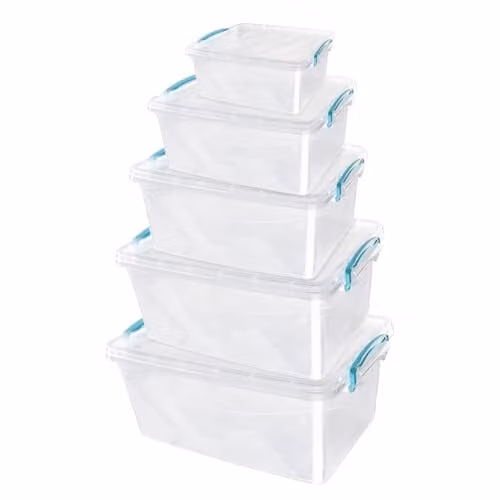 JVL Transparent Plastic Clip Lidded Food Storage Box Set of 5, 1.6 l, 3 l, 5 l, 8.5 l, 13.5 l – 1