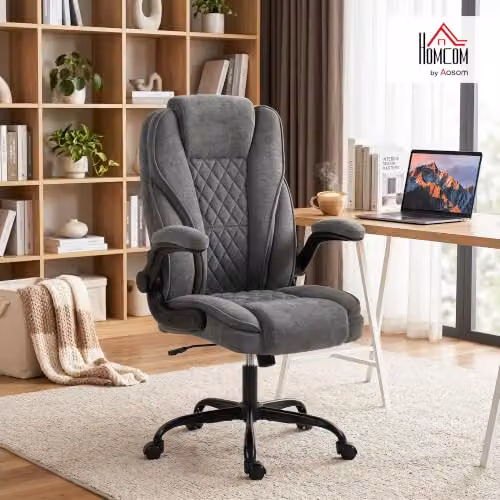 HOMCOM Grey Fabric Executive Office Chair with Flip-up Armrests and Swivel Function – 2