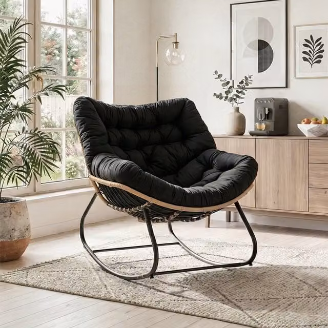 Livingandhome Modern Black Rattan Egg Lounge Chair with Armrests and Fabric Cushion