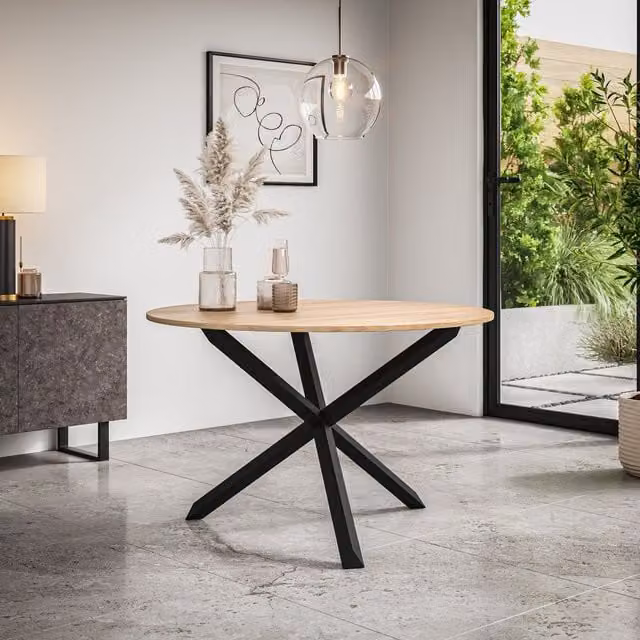 More4Homes Malvern Round Dining Table, 4-6 Seater, Light Oak with Black Oak Legs, Diameter: 120 cm, Height: 75 cm – 1