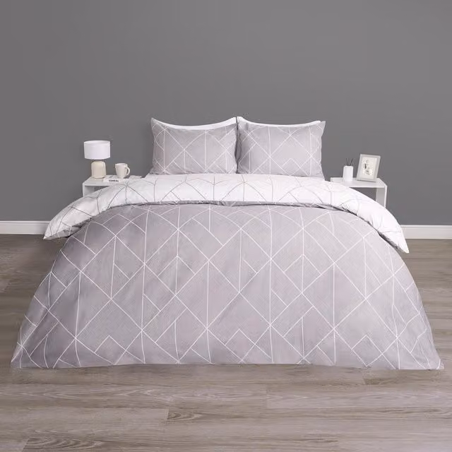 OHS Grey Geo Reversible Print Polycotton Duvet Set, 200 x 200 cm