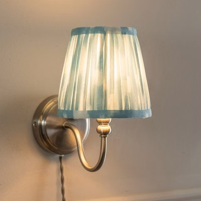 ValueLights Neely Blue Fabric Plug In Wall Light with Brushed Chrome Metal Finish