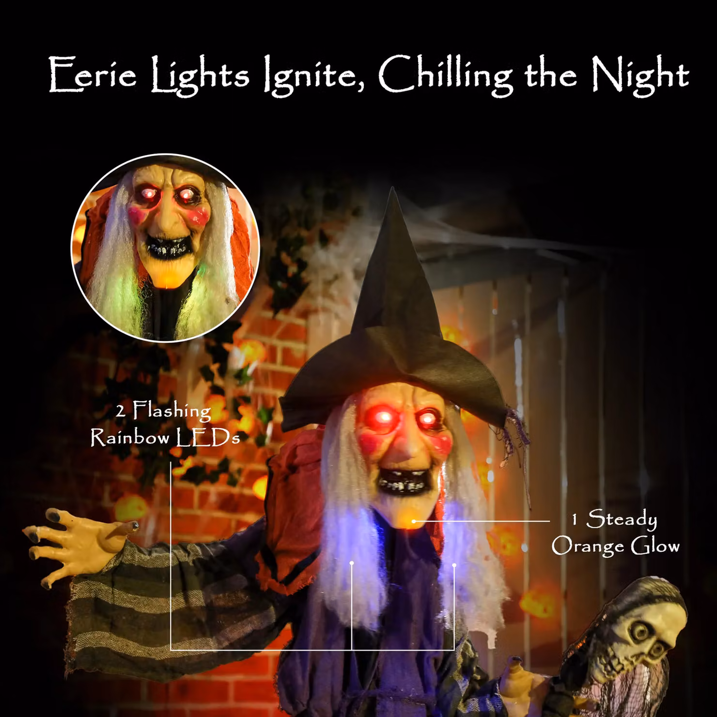 OUTSUNNY Voice Activated Halloween Animatronics Standing Witch with Skull Staff in Purple, Height: 160 cm – 5
